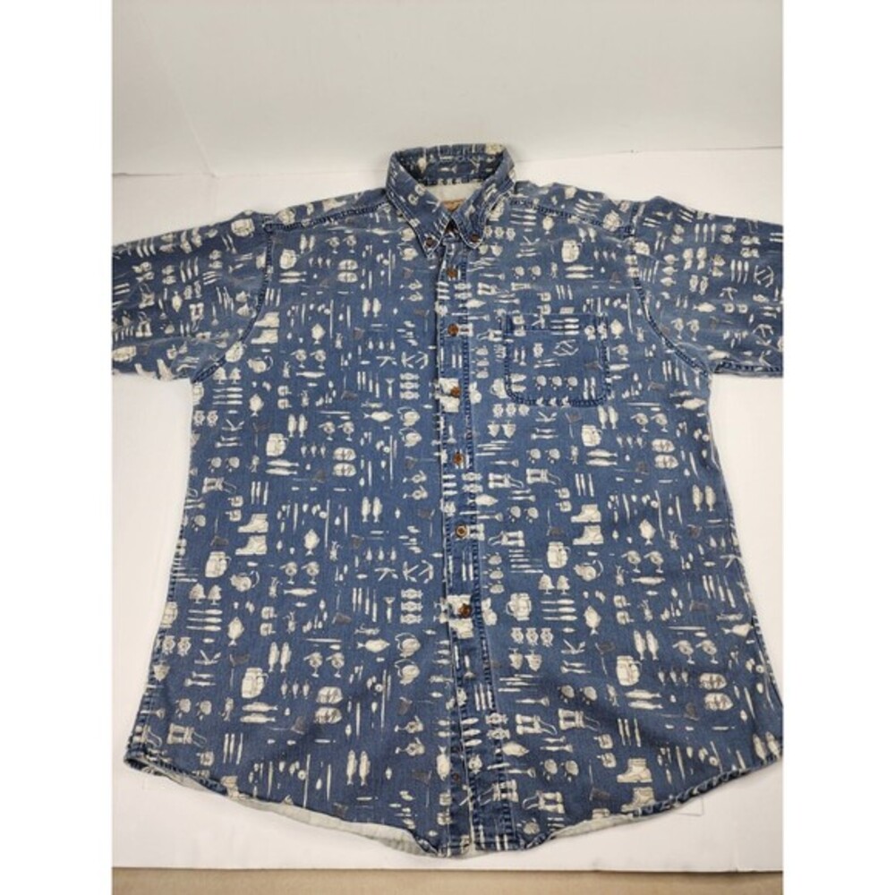 Vintage Woolrich Shirt Men's Extra Large Fishing Print Short Sleeve Button Up
